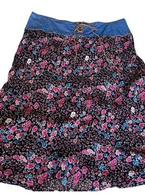 Vintage Faded Glory Black Floral Midi Skirt with Denim Waist